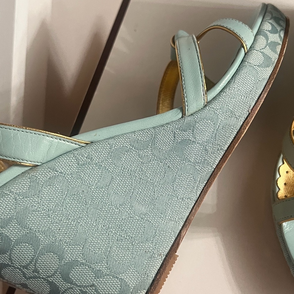 Coach Women's Light Blue and Gold Wedge Sandals - Picture 8 of 10